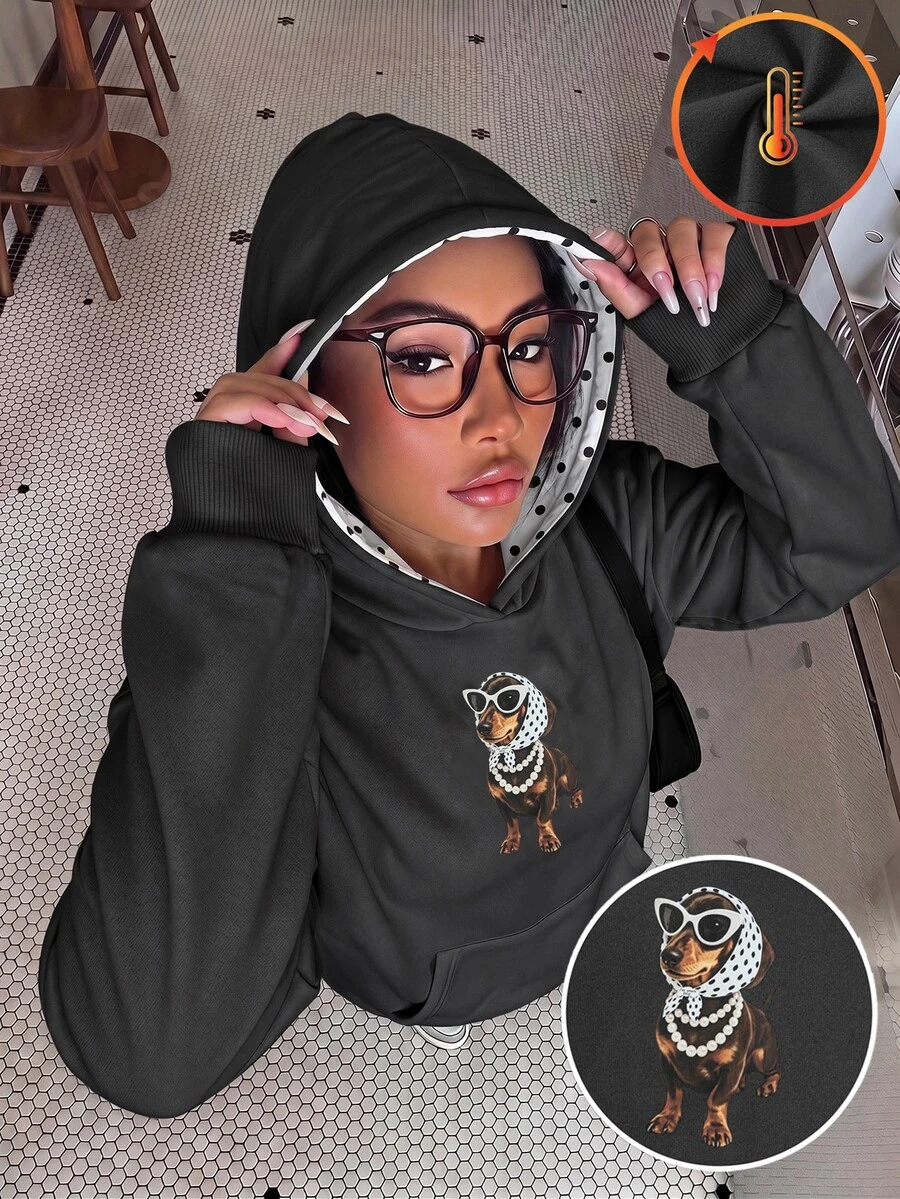 SHEIN Sparklyn 青少年女孩衛衣,黑色,寬鬆版型,秋冬保暖,時尚百搭,休閒,連帽,抓絨內裡,冬季,秋季,舒適,日常穿著,拉鍊,街頭風 - 深灰色 - 查看 1