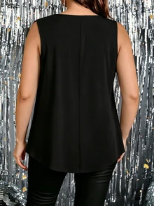 EMERY ROSE Plus Size Women's Elegant Party Sexy Slimming Fitted Casual Minimalist Commute Versatile Daily Mesh Patchwork V-Neck Design Sleeveless Tank Top - Black - View 2