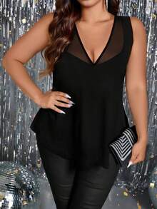 EMERY ROSE Plus Size Women's Elegant Party Sexy Slimming Fitted Casual Minimalist Commute Versatile Daily Mesh Patchwork V-Neck Design Sleeveless Tank Top - Black - View 5