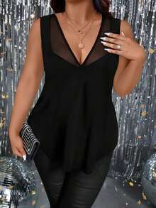 EMERY ROSE Plus Size Women's Elegant Party Sexy Slimming Fitted Casual Minimalist Commute Versatile Daily Mesh Patchwork V-Neck Design Sleeveless Tank Top - Black - View 6