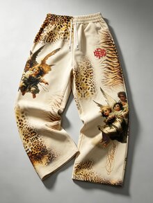 ROMWE MEN Street Life Men's Casual Leopard Print Drawstring Waist Pocket Wide Leg Sweatpants, Autumn/Winter - Apricot - View 4