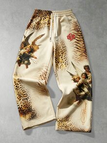 ROMWE MEN Street Life Men's Casual Leopard Print Drawstring Waist Pocket Wide Leg Sweatpants, Autumn/Winter - Apricot - View 8
