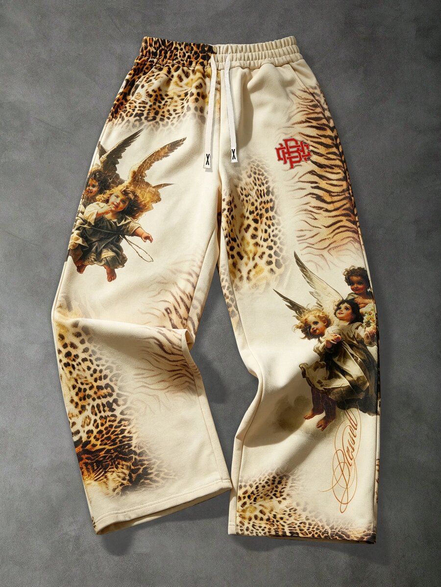 ROMWE MEN Street Life Men's Casual Leopard Print Drawstring Waist Pocket Wide Leg Sweatpants, Autumn/Winter - Apricot - View 1