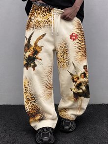 ROMWE MEN Street Life Men's Casual Leopard Print Drawstring Waist Pocket Wide Leg Sweatpants, Autumn/Winter - Apricot - View 3