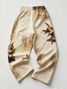 ROMWE MEN Street Life Men's Casual Leopard Print Drawstring Waist Pocket Wide Leg Sweatpants, Autumn/Winter - Apricot - View 2