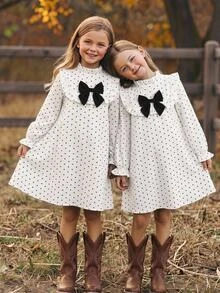 SHEIN Tween Tween Girl Contrast Color Bow Polka Dot Long Sleeve Dress Autumn Winter - Black and White - View 6