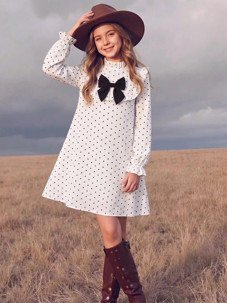 SHEIN Tween Tween Girl Contrast Color Bow Polka Dot Long Sleeve Dress Autumn Winter - Black and White - View 1