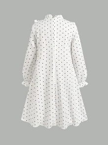 SHEIN Tween Tween Girl Contrast Color Bow Polka Dot Long Sleeve Dress Autumn Winter - Black and White - View 2