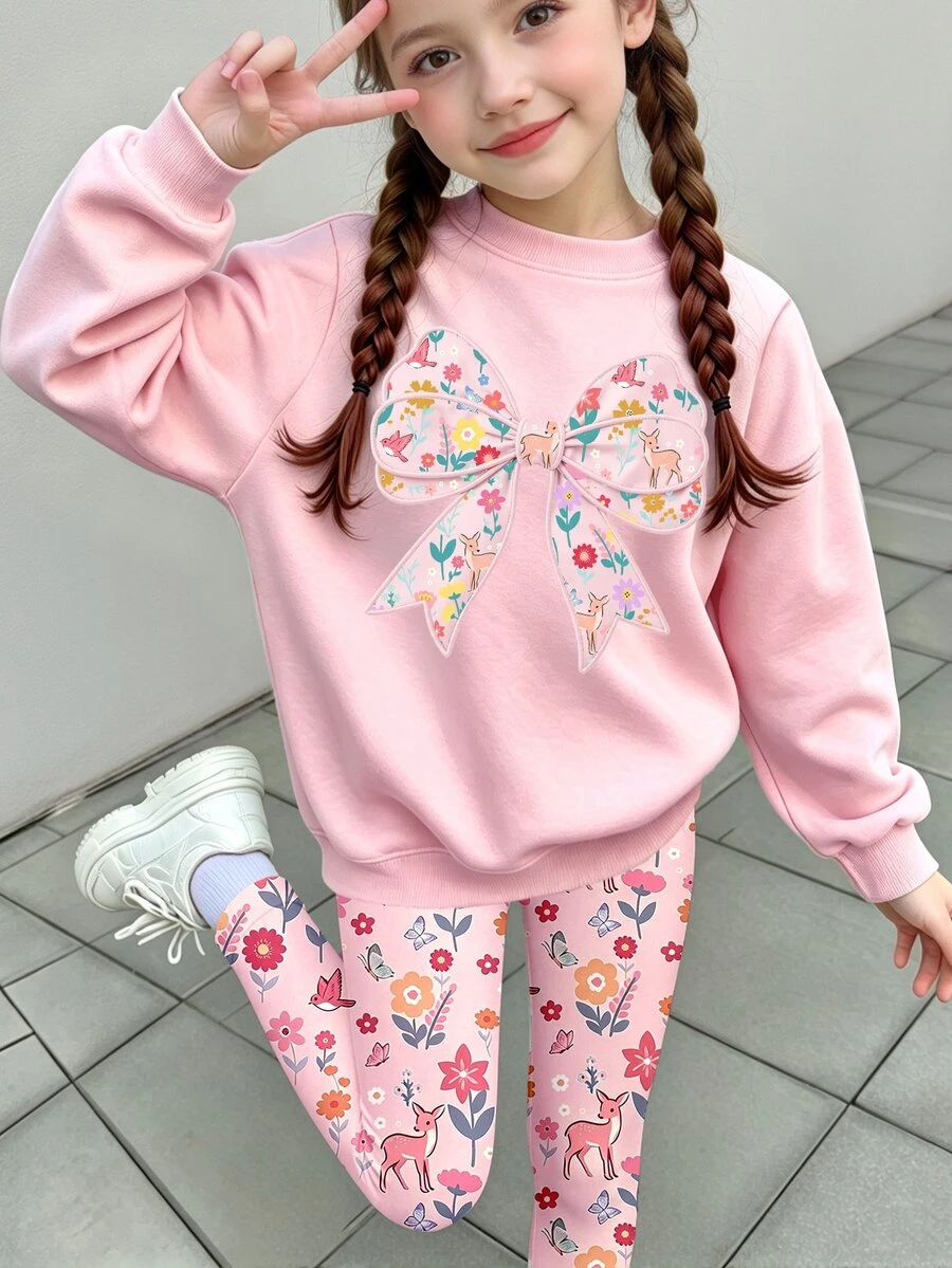 幼兒女童清新時尚彩色花朵蝴蝶結設計基礎圓領運動衫與碎花鹿圖案內搭褲套裝 - 彩色 - 查看 1