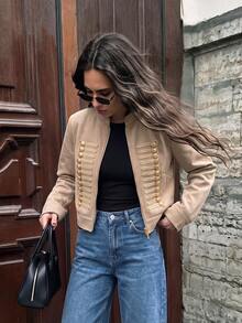 Struktiv Women's Spring/Summer Solid Color Stand Collar Casual Versatile Daily Travel Long Sleeve Jacket - Khaki - View 4