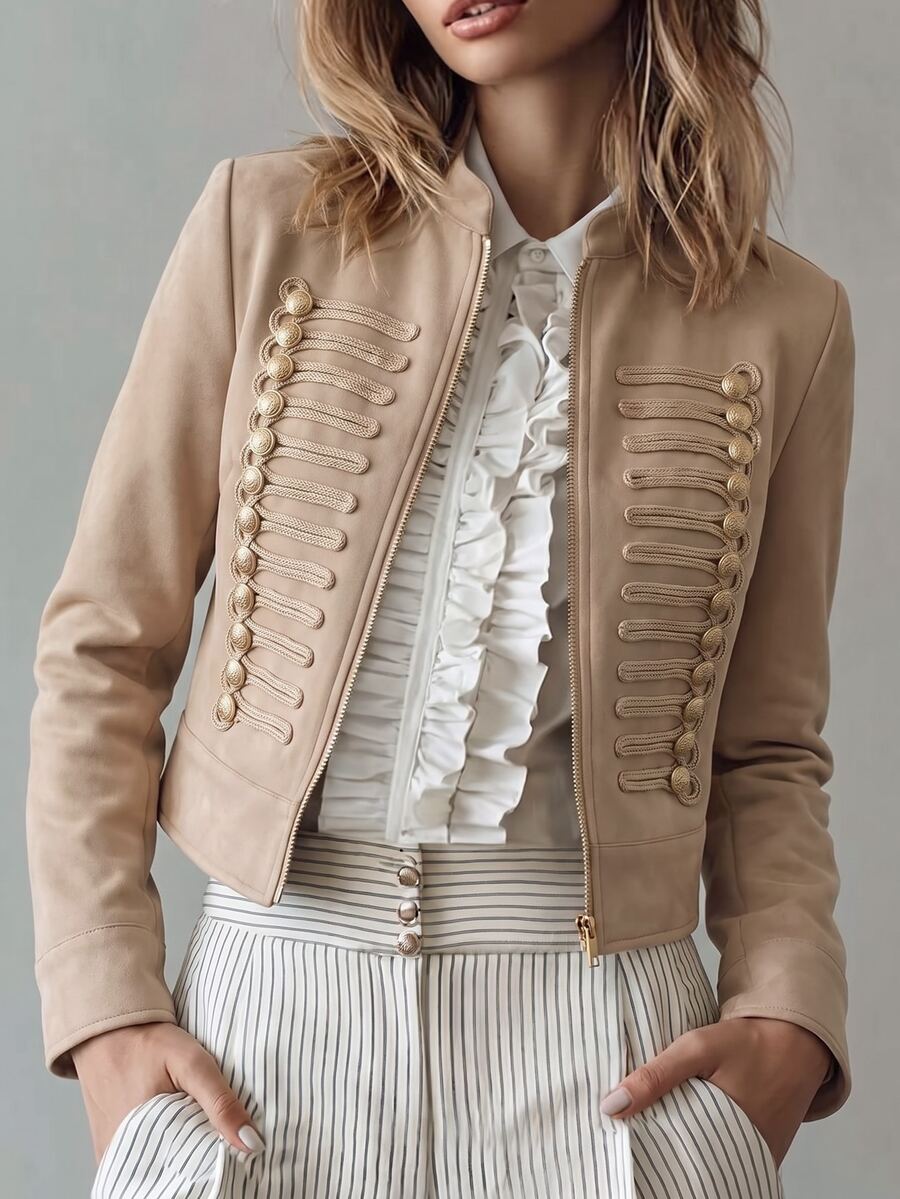 Struktiv Women's Spring/Summer Solid Color Stand Collar Casual Versatile Daily Travel Long Sleeve Jacket - Khaki - View 1
