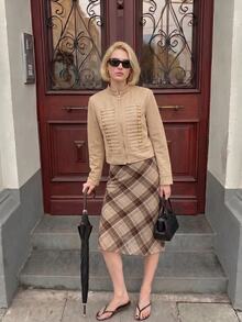 Struktiv Women's Spring/Summer Solid Color Stand Collar Casual Versatile Daily Travel Long Sleeve Jacket - Khaki - View 11