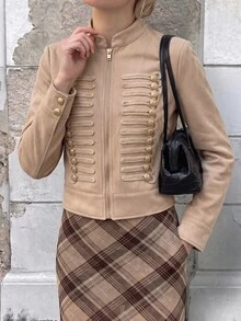 Struktiv Women's Spring/Summer Solid Color Stand Collar Casual Versatile Daily Travel Long Sleeve Jacket - Khaki - View 12