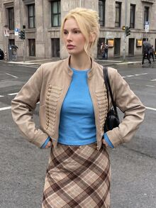 Struktiv Women's Spring/Summer Solid Color Stand Collar Casual Versatile Daily Travel Long Sleeve Jacket - Khaki - View 7