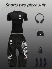 Gym Rark Conjunto deportivo ligero de camiseta de manga corta con estampado de caracteres chinos y pantalones con cordón en la cintura para hombres - Negro - Ver 1