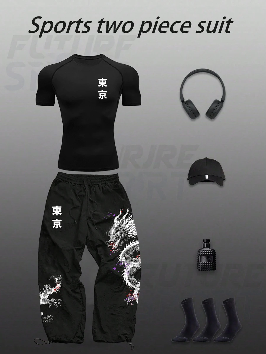 Gym Rark Conjunto deportivo ligero de camiseta de manga corta con estampado de caracteres chinos y pantalones con cordón en la cintura para hombres - Negro - Ver 1