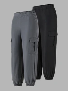 SHEIN Explorewe Tween Boys All-Match Versatile Side Asymmetrical Striped Solid Color Pants 2pcs/Set - Black - View 3