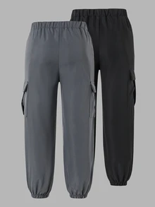 SHEIN Explorewe Tween Boys All-Match Versatile Side Asymmetrical Striped Solid Color Pants 2pcs/Set - Black - View 2
