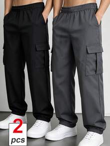 SHEIN Explorewe Tween Boys All-Match Versatile Side Asymmetrical Striped Solid Color Pants 2pcs/Set - Black - View 1