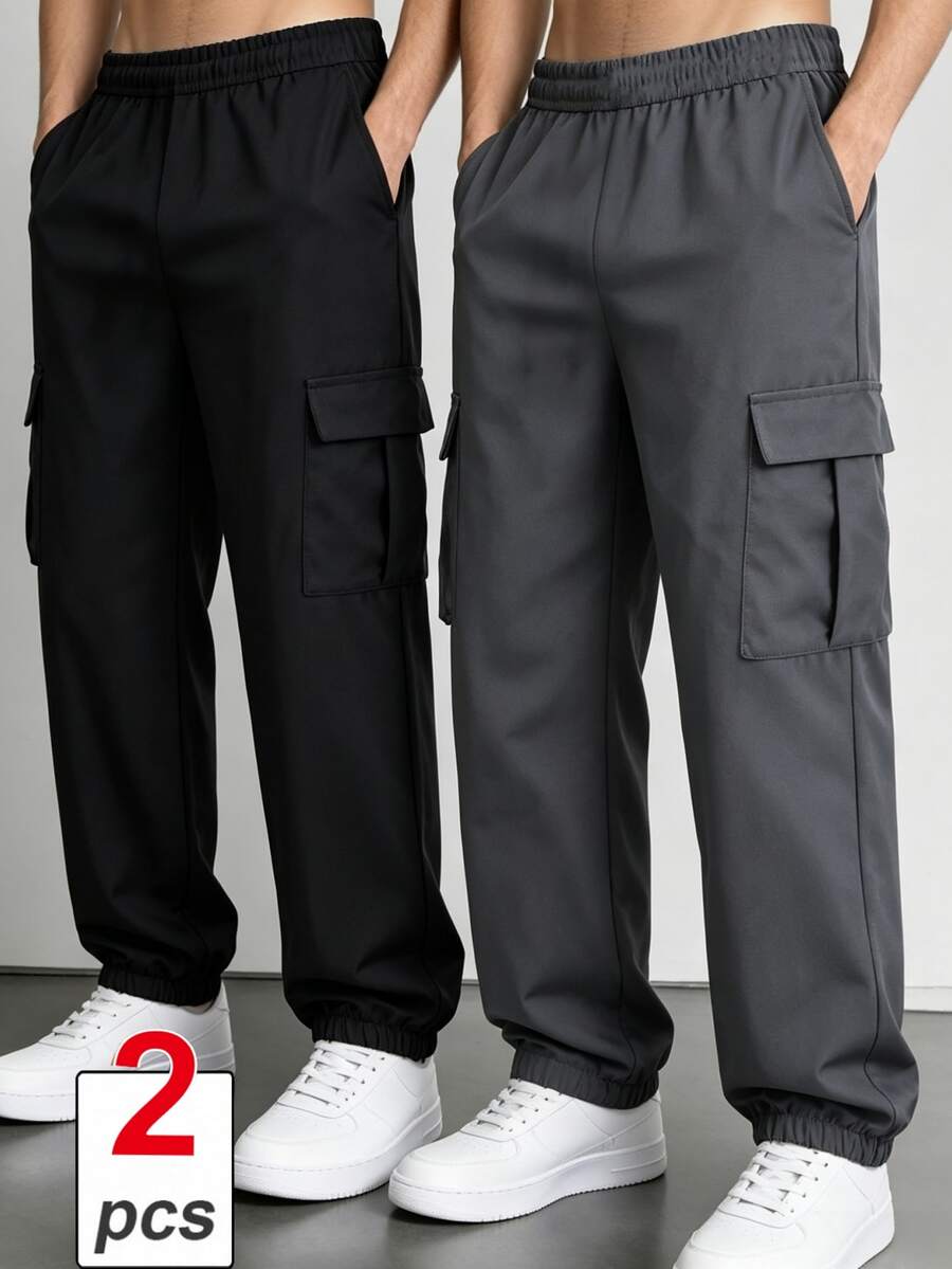 SHEIN Explorewe Tween Boys All-Match Versatile Side Asymmetrical Striped Solid Color Pants 2pcs/Set - Black - View 1