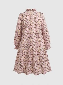 SHEIN Tween女孩配色蝴蝶結羅紋拼接長袖洋裝 秋冬款 - 粉色 - 查看 4