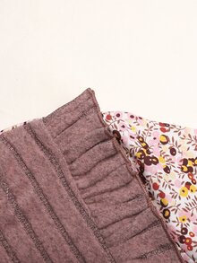 SHEIN Tween女孩配色蝴蝶結羅紋拼接長袖洋裝 秋冬款 - 粉色 - 查看 3