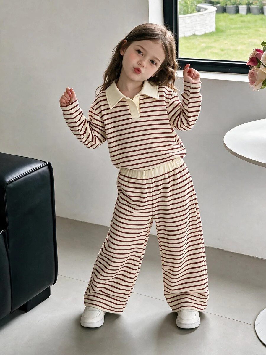 Genkimix Kids 2件組女童棕色領長袖針織上衣與褲子套裝，時尚兒童休閒穿搭，適合初秋幼兒園生日