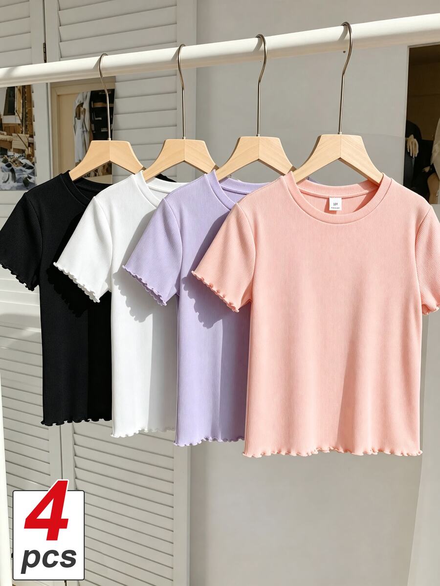 SHEIN 青少年女孩 4件組圓領短袖純色極簡風T恤套裝，夏季休閒穿搭，舒適日常度假款