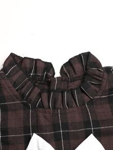 SHEIN Tween女孩對比色蝴蝶結格紋長袖洋裝 秋冬款 - 卡其色 - 查看 3