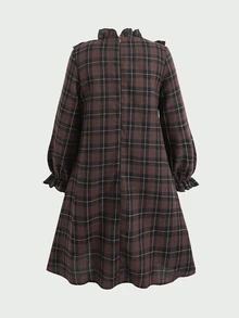 SHEIN Tween女孩對比色蝴蝶結格紋長袖洋裝 秋冬款 - 卡其色 - 查看 2