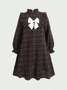 SHEIN Tween女孩對比色蝴蝶結格紋長袖洋裝 秋冬款 - 卡其色 - 查看 5