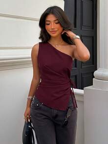 Aloruh Minimalist Commuter Spring/Summer New One-Shoulder Striped Fitted Apricot Striped Ruched Tie-Up Women's Short Blouse - Burgundy - View 4