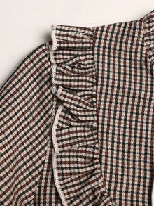 SHEIN Gaun Lengan Panjang Motif Kotak-Kotak Warna Blok dengan Pita untuk Anak Perempuan Tween, Aprikot, Musim Gugur dan Musim Dingin - Aprikot - View 3