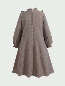 SHEIN Gaun Lengan Panjang Motif Kotak-Kotak Warna Blok dengan Pita untuk Anak Perempuan Tween, Aprikot, Musim Gugur dan Musim Dingin - Aprikot - View 2