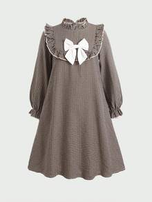 SHEIN Gaun Lengan Panjang Motif Kotak-Kotak Warna Blok dengan Pita untuk Anak Perempuan Tween, Aprikot, Musim Gugur dan Musim Dingin - Aprikot - View 5