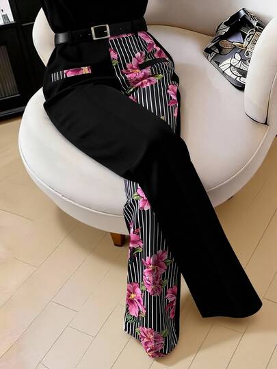 GlowEve CURVE Plus Size Women's Spring/Summer Minimalist Fashion Business Black & White Colorblock Straight Leg Pants With Belt