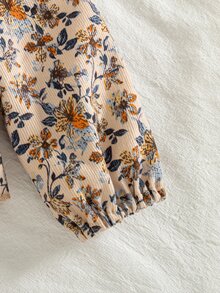 SHEIN x Tata & Beatriz Elladie kids 女童花卉燈芯絨上衣，附3D蝴蝶結，圓領長袖收口袖口，適合日常休閒、派對穿著，秋冬春季適用 - 棕色 - 查看 6
