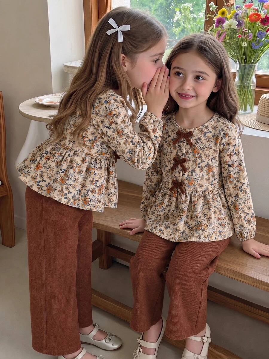 SHEIN x Tata & Beatriz Elladie kids 女童花卉燈芯絨上衣，附3D蝴蝶結，圓領長袖收口袖口，適合日常休閒、派對穿著，秋冬春季適用