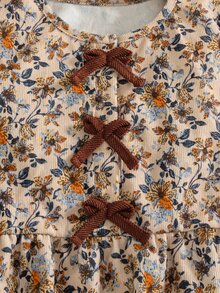 SHEIN x Tata & Beatriz Elladie kids 女童花卉燈芯絨上衣，附3D蝴蝶結，圓領長袖收口袖口，適合日常休閒、派對穿著，秋冬春季適用 - 棕色 - 查看 5