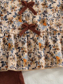 SHEIN x Tata & Beatriz Elladie kids 女童花卉燈芯絨上衣，附3D蝴蝶結，圓領長袖收口袖口，適合日常休閒、派對穿著，秋冬春季適用 - 棕色 - 查看 7
