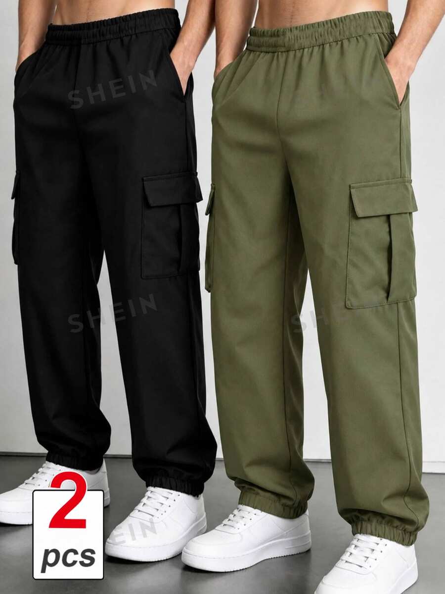 SHEIN Explorewe Tween Boys All-Match Versatile Side Asymmetrical Stripe Solid Color Pants 2pcs Set - Army Green - View 1