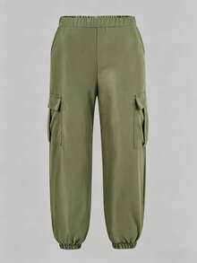 SHEIN Explorewe Tween Boys All-Match Versatile Side Asymmetrical Stripe Solid Color Pants 2pcs Set - Army Green - View 4