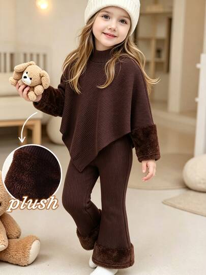 SHEIN Playful Pals Ensemble d'automne 2 pièces pour jeunes filles, Top à col montant avec ourlet asymétrique et poignets en peluche moelleuse, pantalon évasé côtelé, vêtements de rentrée scolaire, cadeau d'anniversaire bébé