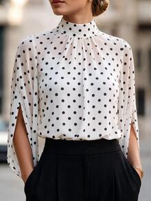 Velvienne Plus Size Women Black & White Polka Dot Print Casual Shirt, Suitable For Daily Commute, Party And Date Occasions Fall - Multicolor - View 4