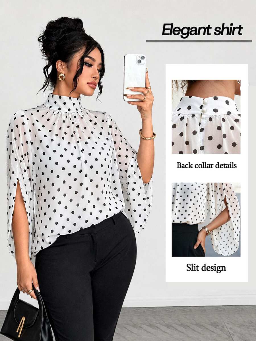 Velvienne Plus Size Women Black & White Polka Dot Print Casual Shirt, Suitable For Daily Commute, Party And Date Occasions Fall - Multicolor - View 1