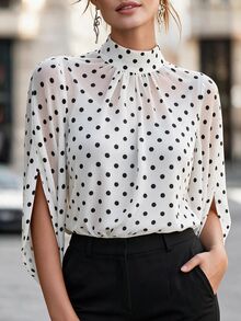 Velvienne Plus Size Women Black & White Polka Dot Print Casual Shirt, Suitable For Daily Commute, Party And Date Occasions Fall - Multicolor - View 5