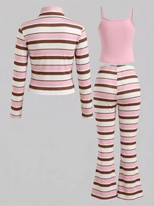 SHEIN Sparklyn 青少年女孩 3 件套 秋冬 粉色淺粉色拉鍊外套上衣喇叭褲休閒運動套裝 學生校園穿搭 - 粉色 - 查看 2