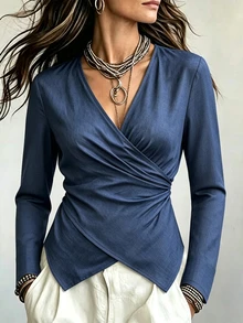 SHEIN Franclia Blus Model Lilitan Polos dengan Hem Asimetris - Biru - View 2
