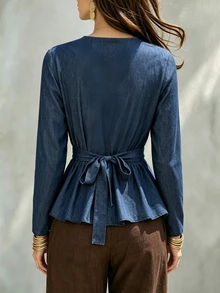 SHEIN Franclia Blus Model Lilitan Polos dengan Hem Asimetris - Biru - View 3
