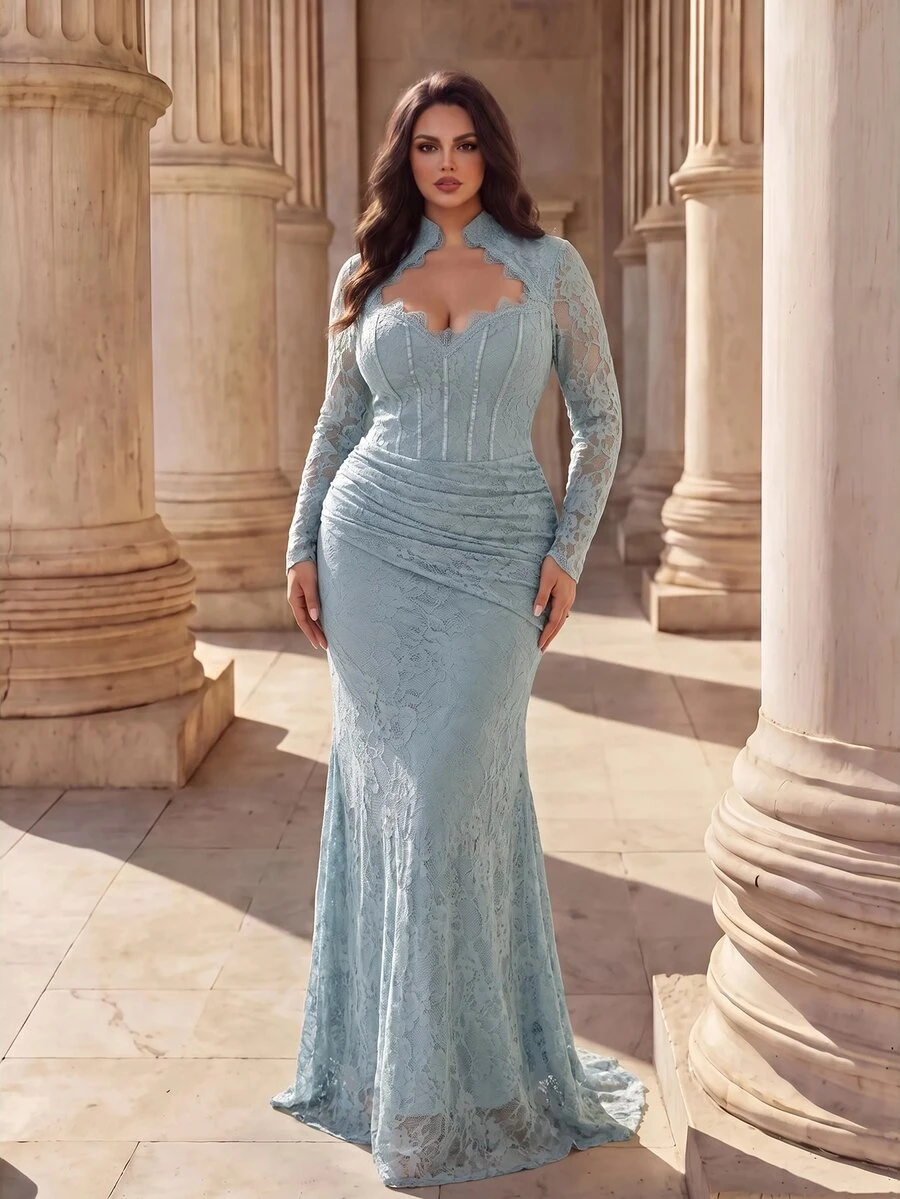 Coutiva Gaun Malam Formal Maxi Lengan Panjang Berkerah Tegak Ukuran Besar dengan Renda (Desain Rumit) - Baby Blue - View 1